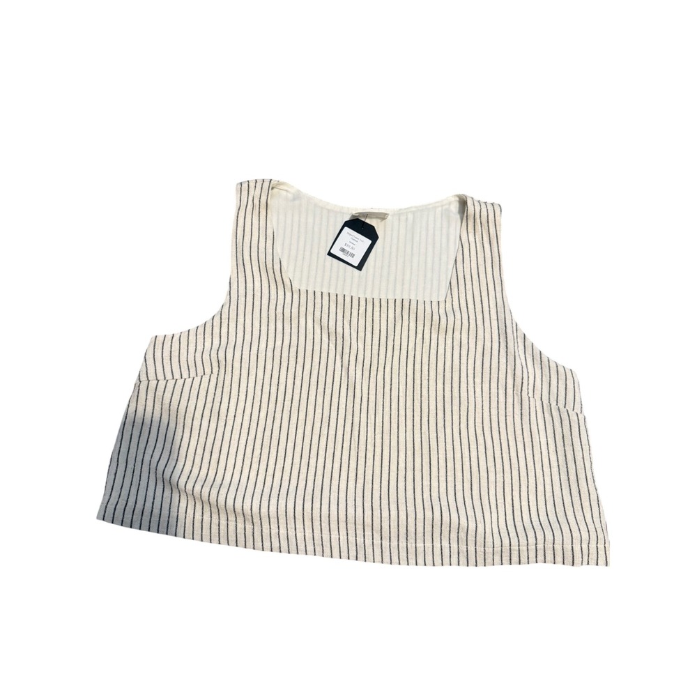 Allie Rose Striped Linen Tank Top Natural Cream Navy Square Neck Medium NWT